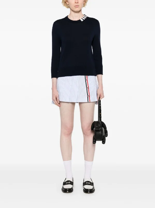 THOM BROWNE - Women Jersey Stitch 3/4 Sleeve Crew Neck Pullover  W/4 Bar Intarsia Port Neck Pullover