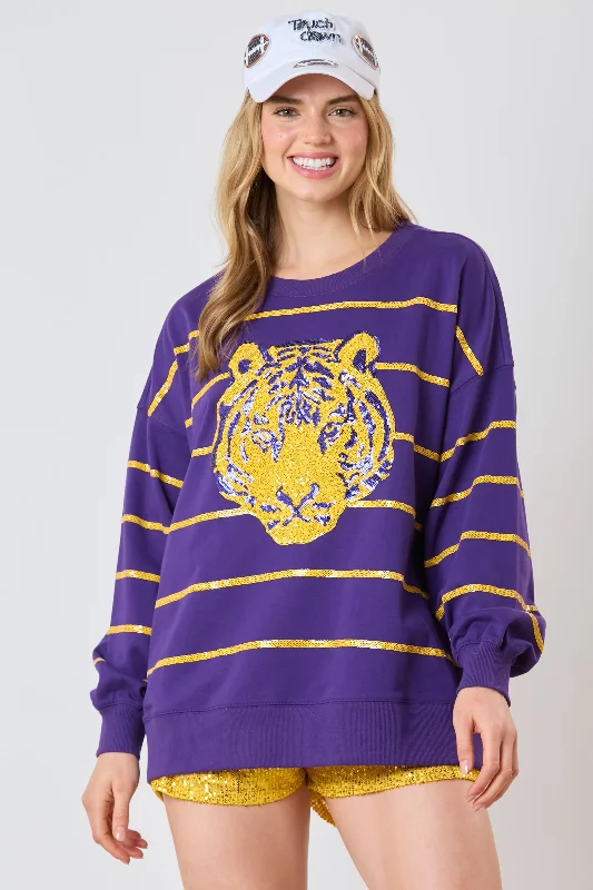 Women's Pullover Tiger Head Sequined Striped Oversized Cozy Pullover