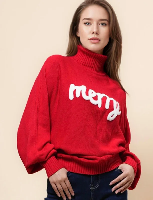 Ladies Merry Text Merry Christmas Pullover Swerater SKT4877 Crew Neck Wool