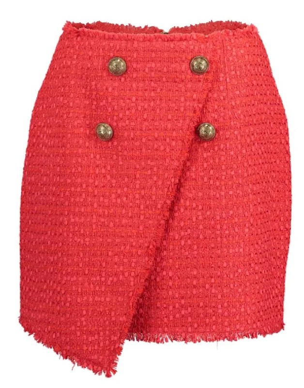 Asymmetrical Four Button Tweed Wrap Skirt silk skirt lustrous