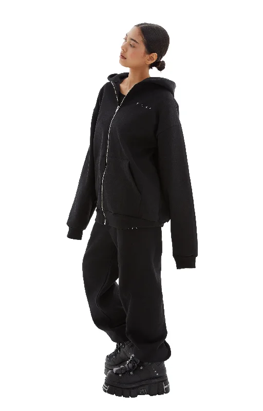 TONS Zip Up Hoodie (Black) Hoodie with Hem Applique Textured Unique