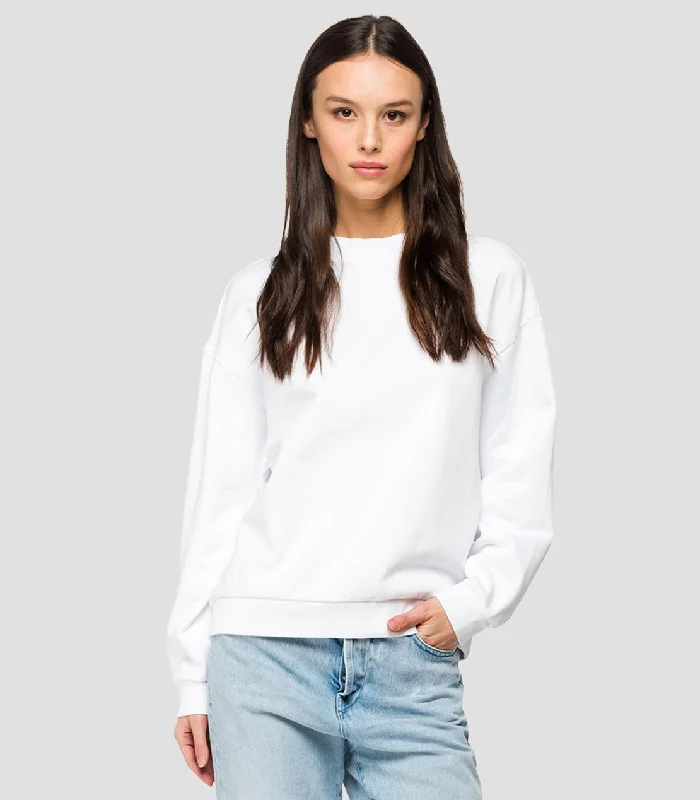 Replay W3269c Basic Crew Neck Sweatshirt with REPLAY floral embroidery, White Hoodie with Strings Custom Fit Adjustable Replay W3269c Basic Crew Neck Sweatshirt with REPLAY floral embroidery, White Hoodie with Strings Custom Fit Adjustable