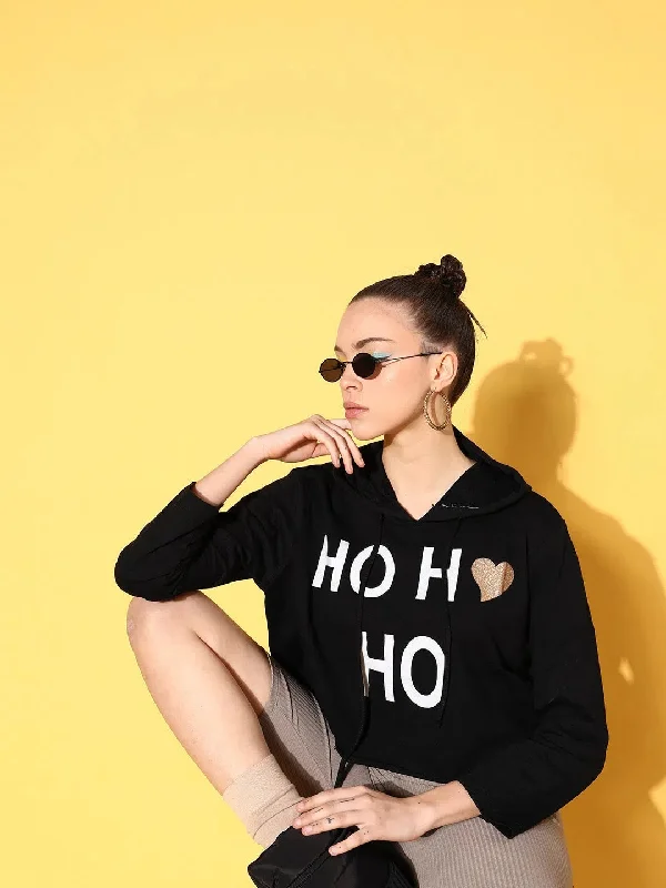 Women Black Terry HO HO Boxy Crop Hoodie Hoodie Sweatshirt Pullover