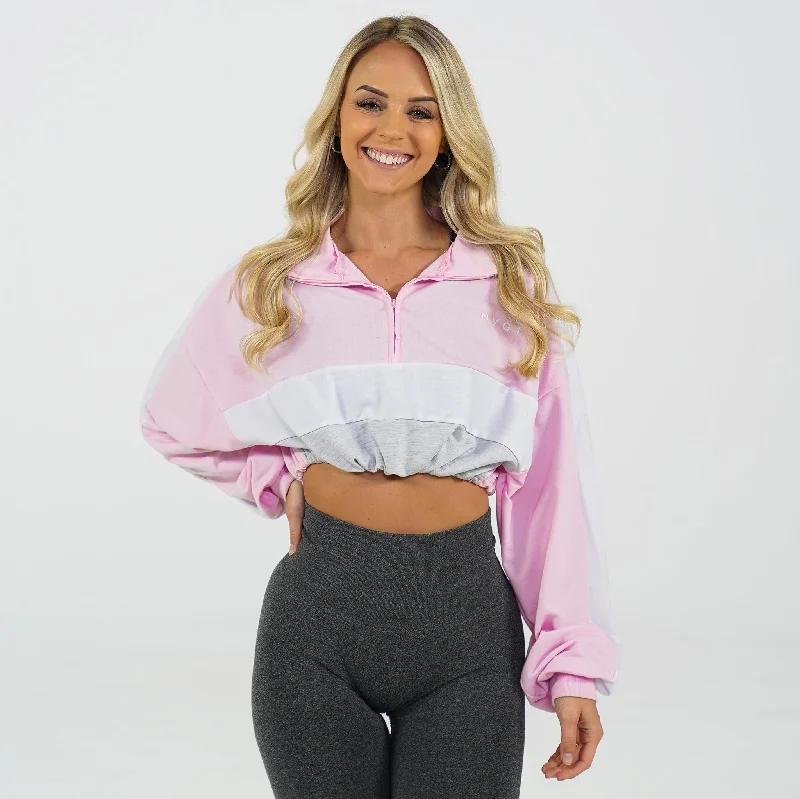 Pink Oversized Cropped Pullover Bishop Sleeve Elegant