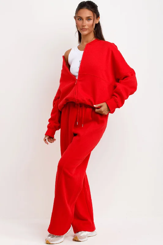 Bomber Sweatshirt With Zip And Joggers Loungewear Set Red Hoodie with Ribbed Hem Stretchable Secure Bomber Sweatshirt With Zip And Joggers Loungewear Set Red Hoodie with Ribbed Hem Stretchable Secure