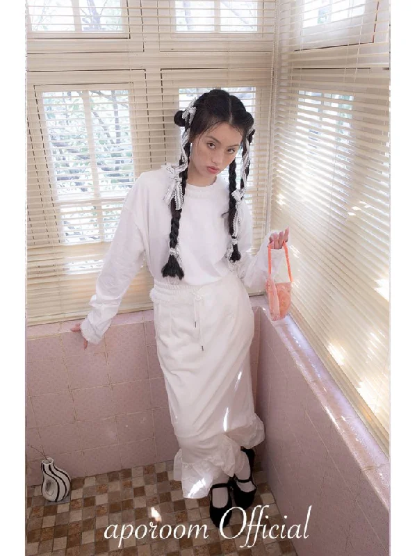 White Sweatshirt Material Lace Slit Half-body Skirt【s0000006643】 Hoodie with High-Low Hem Asymmetrical Trendy