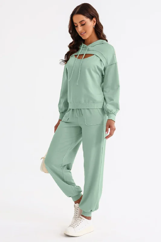 Shoreline Boutique Cutout Drawstring Hoodie and Joggers Set Hoodie with Bell Sleeves Flared Feminine Shoreline Boutique Cutout Drawstring Hoodie and Joggers Set Hoodie with Bell Sleeves Flared Feminine