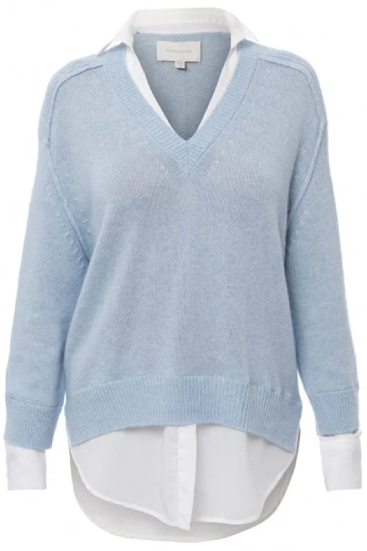 V Neck Layered Pullover - Sky Blue Set Sleeve Pullover