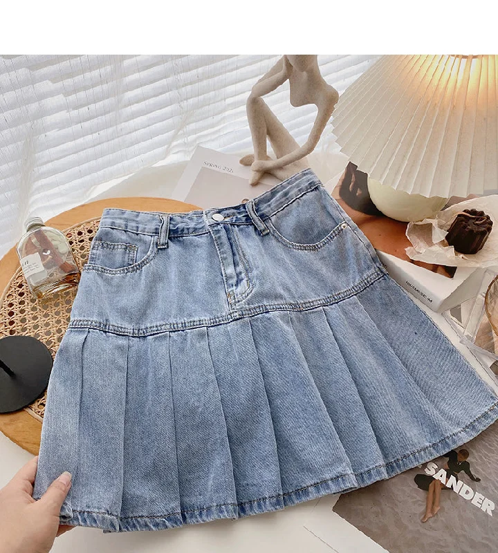 Denim high waist A-line pleated skirt shows thin skirt  5623 denim skirt fashionable