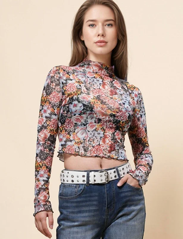 Ladies Floral Print Layring Top Mesh Crop Pullover Blouse 68072 V-Neck Stylish Pullover