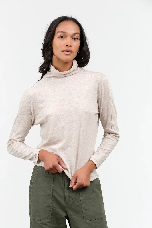 Cotton Wool Rib Mix Turtleneck Jersey Pullover in Beige Thin Wool Pullover