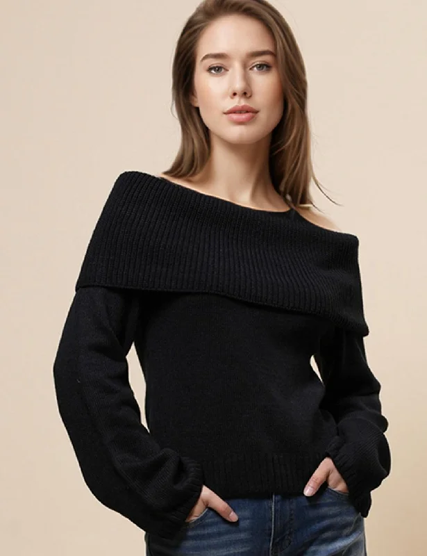 Ladies Off Shoulder Long Sleeves Knit Pullover Blouse SKT4867 Long Bell Sleeve