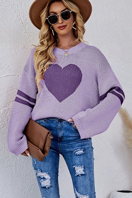 Women's Oversized Heart Printing Ribbed Pullover Fine Merino Wool