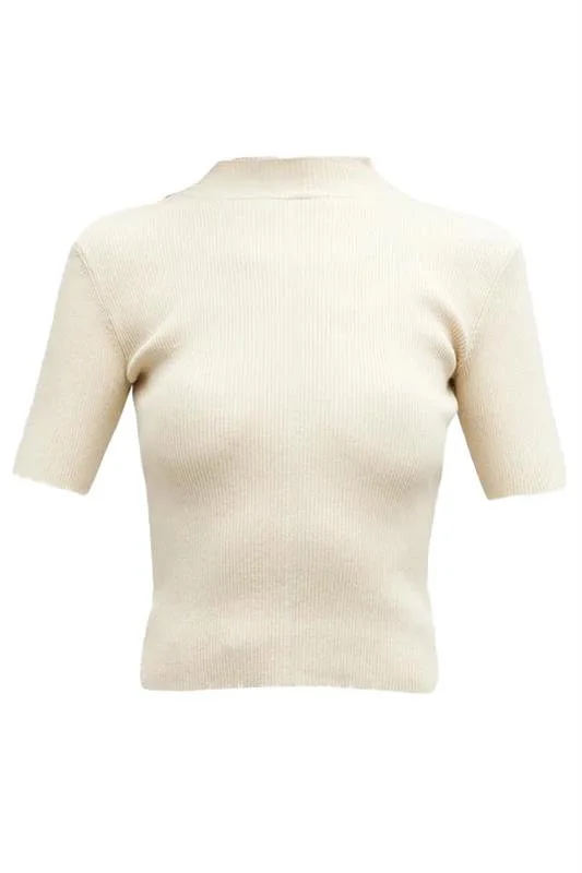 Short Sleeve Mock Neck Ribbed Pullover Oblong Neck Pullover