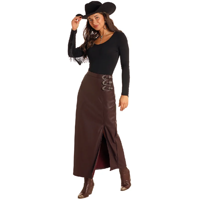 Rock & Roll Denim Faux Leather Maxi Skirt - Wine low waist skirt