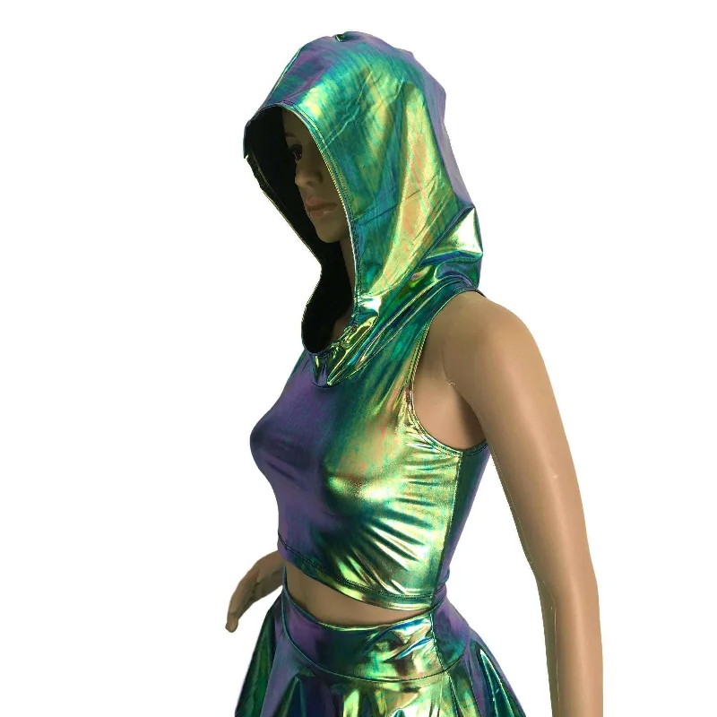 Sleeveless Cropped Hoodie - Oil Slick Holographic Hoodie with High-Low Hem Asymmetrical Trendy Sleeveless Cropped Hoodie - Oil Slick Holographic Hoodie with High-Low Hem Asymmetrical Trendy