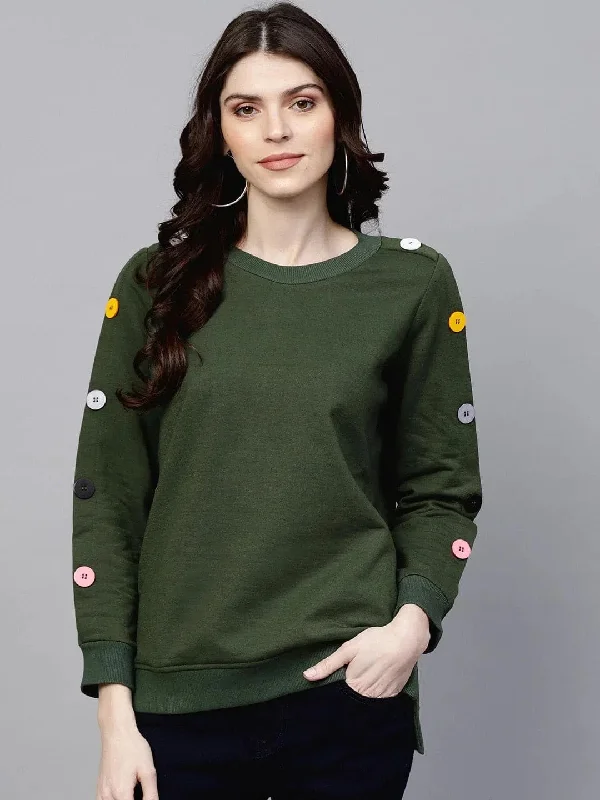 Olive Sweatshirt With Colored Buttons Hoodie with Tie-Dye Psychedelic Retro