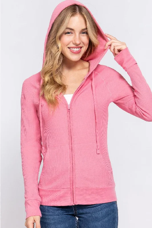 ACTIVE BASIC Waffle Knit Drawstring Zip Up Long Sleeve Hoodie Hoodie with Rhinestones Sparkly Elegant ACTIVE BASIC Waffle Knit Drawstring Zip Up Long Sleeve Hoodie Hoodie with Rhinestones Sparkly Elegant