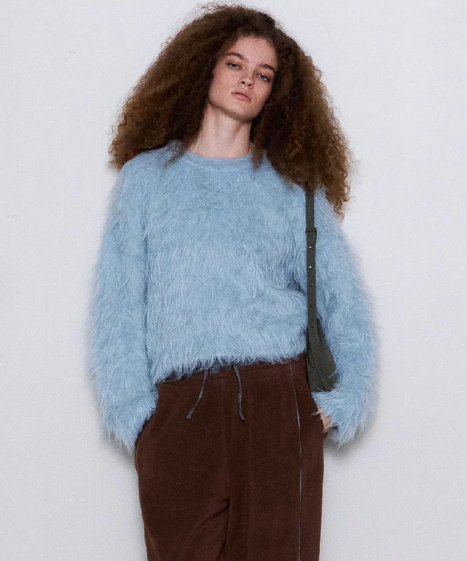 Fluffy Shaggy Knit Pullover Fitted Ribbed Sweater