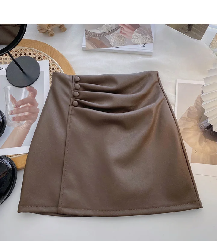 Solid color pleated PU leather short skirt for women is thin and versatile  5587 ruffled skirt detail