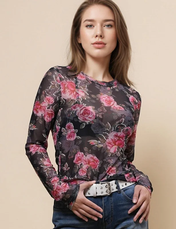 Ladies Floral Print See Sheer Layring Top Pullover Blouse SKT4946 dolman Sleeve Top