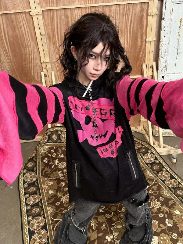 Rock Punk Skull Print Striped Sleeve Hoodie【s0000008314】 Hoodie with Illustration Artistic Creative