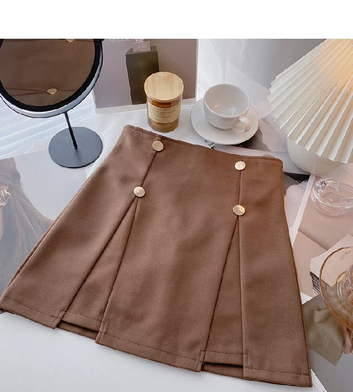 Niche design double row buttons show thin crimp high waist skirt  5652 silk skirt smooth