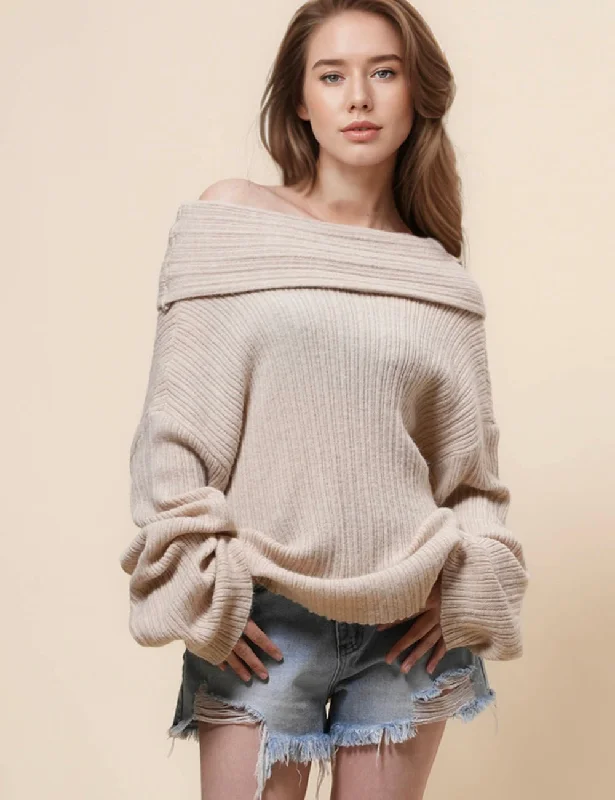 Ladies Solid Color Off Shoulder Rib Knit Pullover Top SKT4982 Surplice Neck Pullover