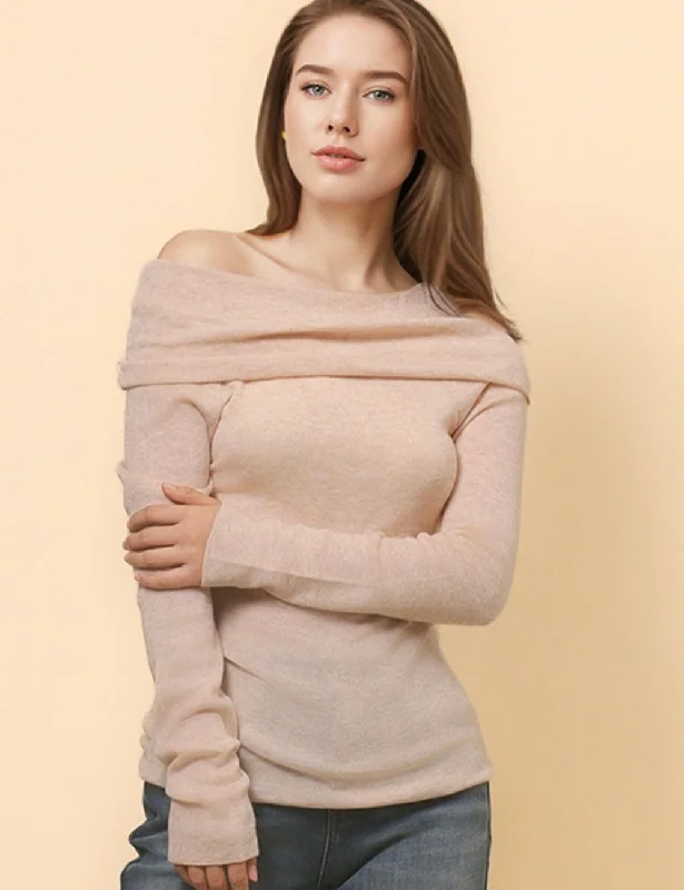 Ladies Solid Color Knit Off Shoulder Pullover Blouse SKT4854 Saggy Sleeve Comfort