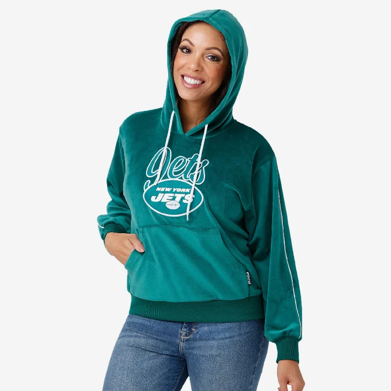 New York Jets 2019 Retro Womens Velour Hooded Sweatshirt Hoodie with Raw Hem Edgy Unfinished New York Jets 2019 Retro Womens Velour Hooded Sweatshirt Hoodie with Raw Hem Edgy Unfinished