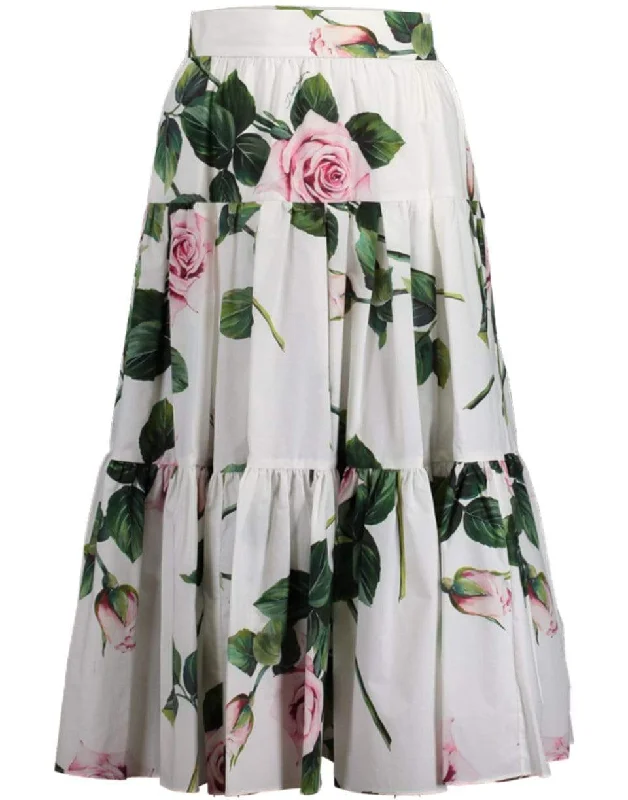 Tropical Rose Print Tiered Poplin Skirt denim skirt classic