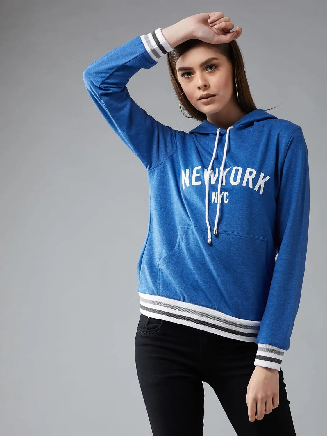 Blue NYC Print Hooded Sweatshirt Hoodie with Mesh Breathable Sporty