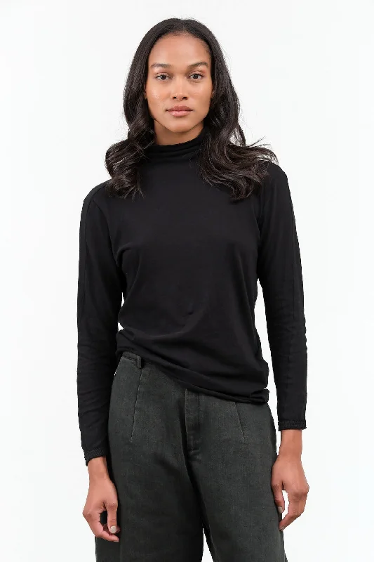 Cotton Wool Rib Mix Turtleneck Jersey Pullover in Black Slouchy Comfort Pullover