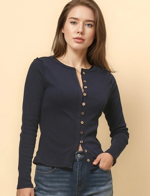 Ladies Button Down Pullover Bastic Layring Top Blouse SKT4831 Slim Sleeve Pullover