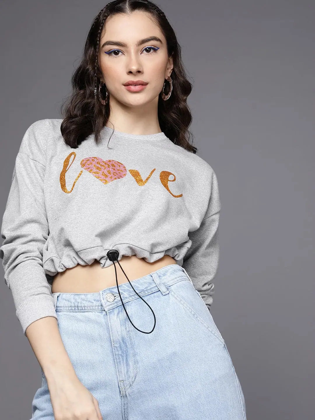 Women Grey Melange LOVE Pull Hem Crop Sweatshirt Hoodie with Pattern Geometric Abstract