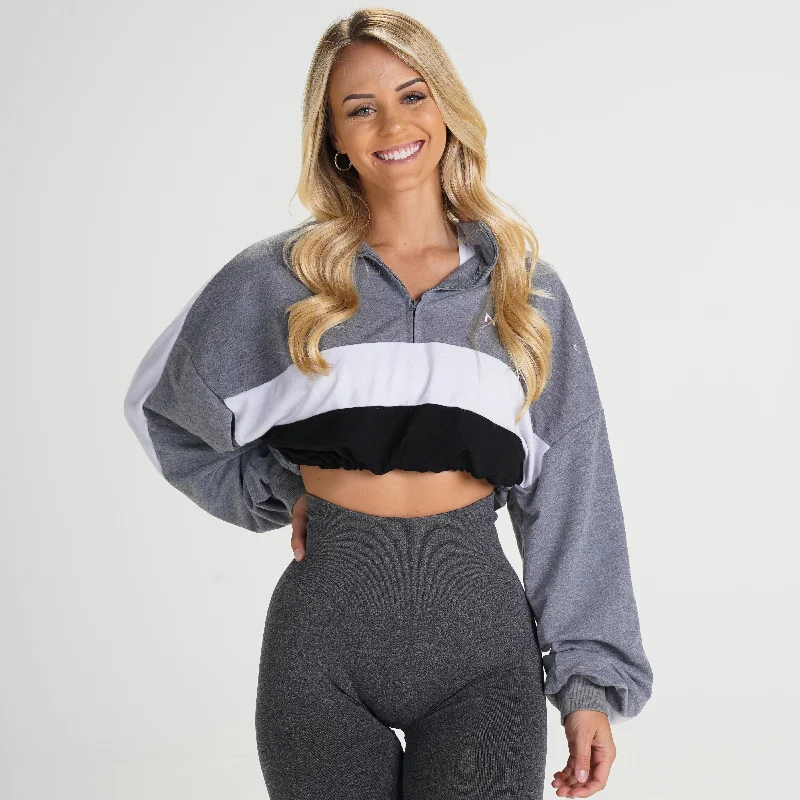 Grey Oversized Cropped Pullover Ruffled Neck Pullover