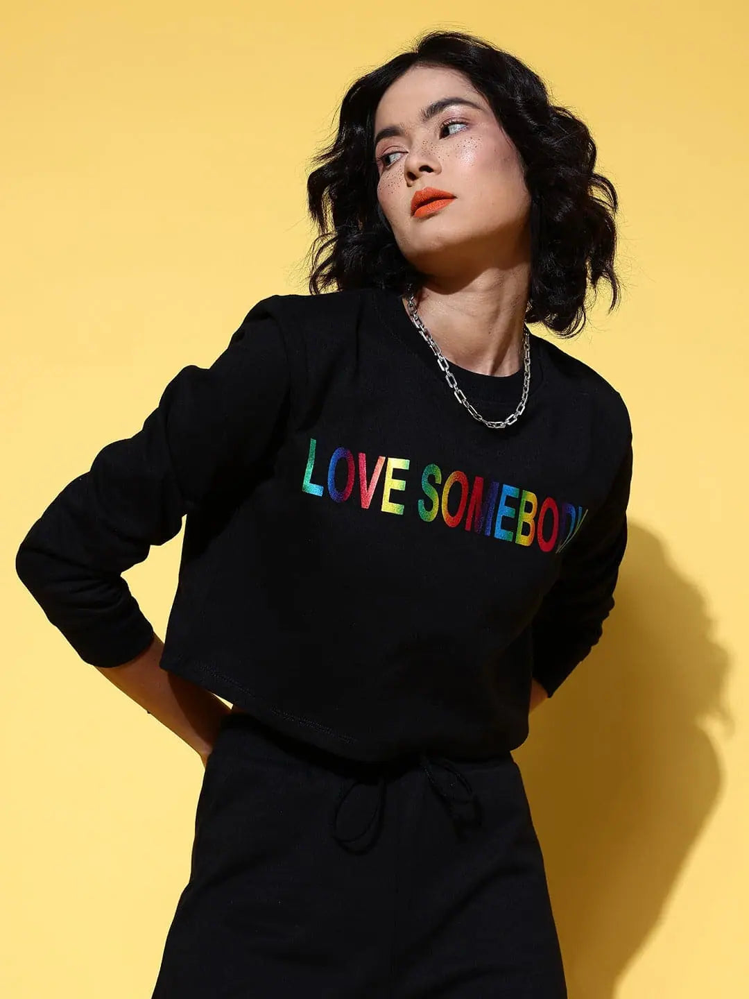 Women Black LOVE SOMEBODY Crop Sweatshirt Hoodie with Longline Fit Extended Stylish