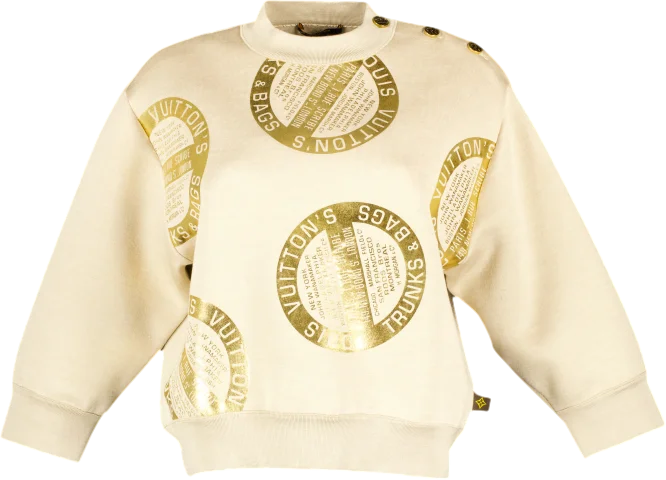 Louis Vuitton Beige / metallic "Trunks & Bags" Embossed Logo Sweatshirt UK XS Hoodie with Hem Fringe Bohemian Relaxed Louis Vuitton Beige / metallic "Trunks & Bags" Embossed Logo Sweatshirt UK XS Hoodie with Hem Fringe Bohemian Relaxed