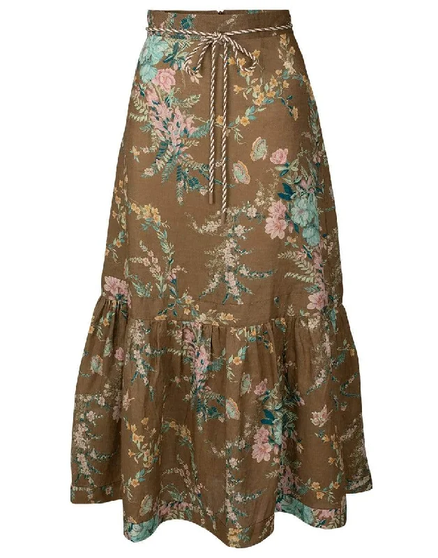 Brown Floral Cassia Frill Hem Midi Skirt linen skirt light