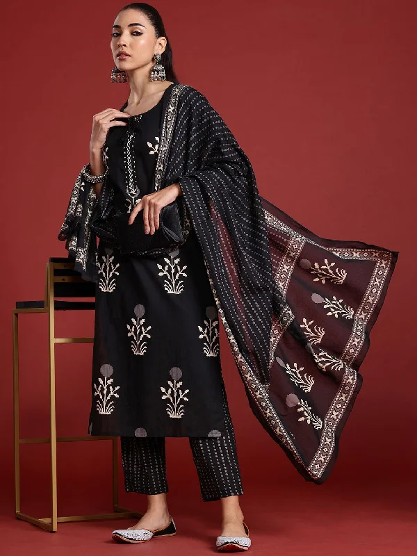 Indo Era Floral Printed Kantha Work Pure Cotton Kurta With Trousers & Dupatta Trousers Trousers Formal