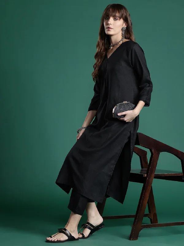 Indo Era Pleated Kurta with Trousers Trousers Formal Black