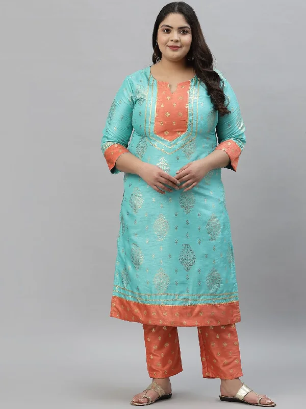 Sztori Ethnic Motifs Printed Gotta Patti Kurta with Trousers Trousers Satin Smooth