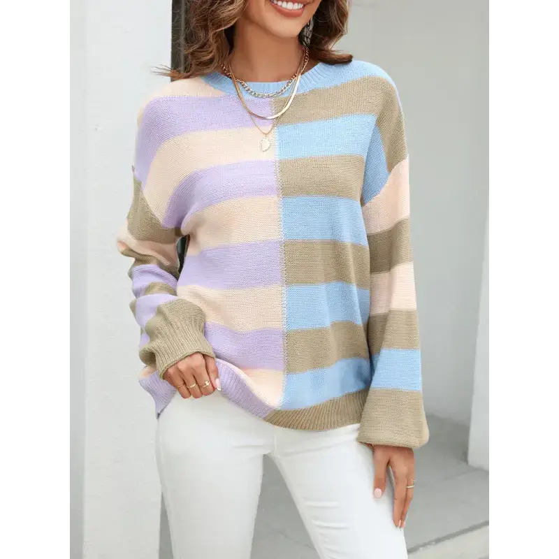 Women’s patchwork striped contrasting crew neck sweater pullover Polka Dot Checkered Tartan