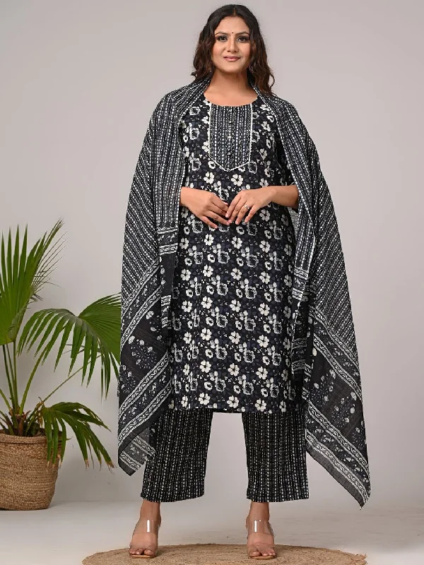 Swasti Plus Size Printed Sequinned Pure Cotton Straight Kurta With Trousers & Dupatta Trousers fashionable trendy