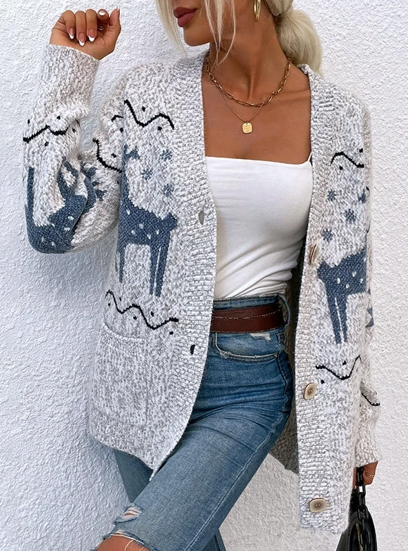 SINGLE-BREASTED CHRISTMAS DEER CARDIGAN SWEATER Iron Safe Non-Iron Wrinkle Free