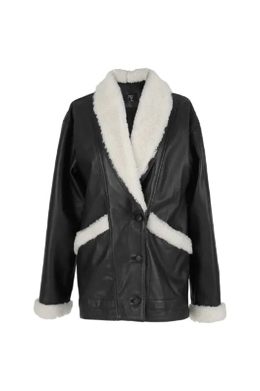 HAYDRA SHEARLING BLACK LEATHER JACKET Notch Collar Jacket Peter Pan Collar Jacket Cowl Neck Jacket