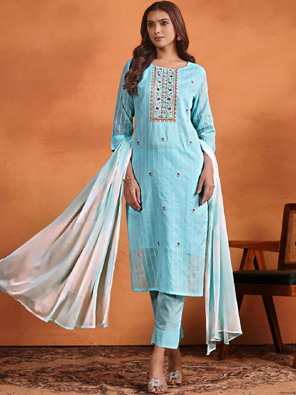 Sangria Ethnic Motifs Embroidered Thread Work Chanderi Cotton Kurta Trouser & Dupatta Trousers Bootcut Casual