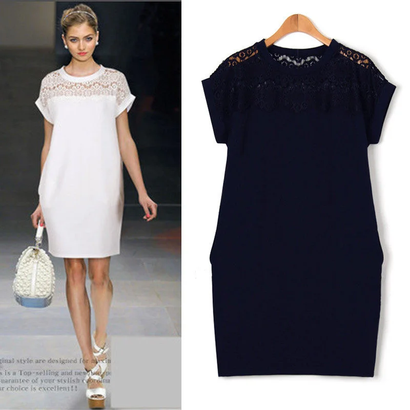 Summer Women's Dress Ladies Short Sleeve Lace Hollow Out Black White Blue One-piece Dress Plus size XL-5XL Famale vestidos