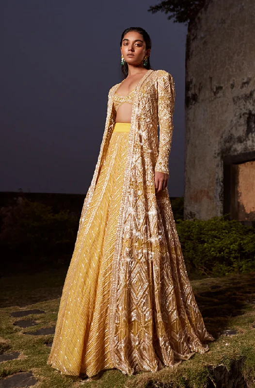 Agata Yellow Lehenga  Set With Long Jacket And Chevron Lehenga Satin Fabric Silk Fabric Chiffon Fabric