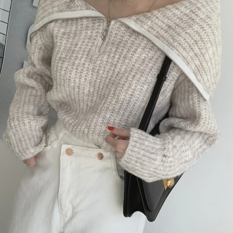 Women Fashion Winter Lapel Zipper Knitted Sweater Velvet Chenille Corduroy